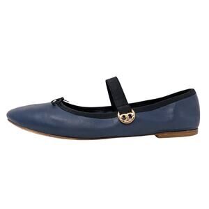 Tory Burch Blue Leather Mary Jane Flats Gold Logo 8.5
